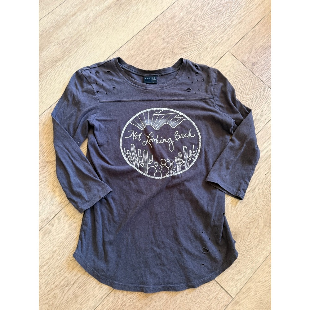 Empyre Womens Charcoal Grey Distressed‎ Desert Graphic Long Sleeve Tee XS